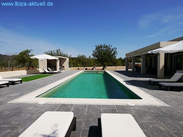 pool (16x4m). on the lefthandside the outsidekitchen, right side the shadowed terace.